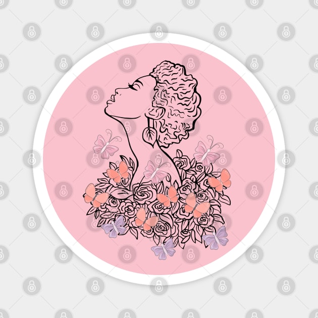 Lady Line Art with Butterflies and Roses in Pastel Colors Magnet by CrystalJ 